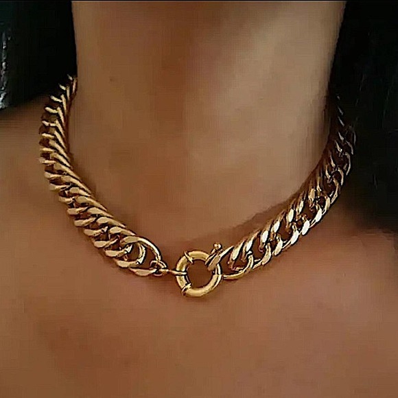 Statement Curb Gold Plated Cuban Chain Toggle O Ring Chunky Choker Necklace - Picture 1 of 9